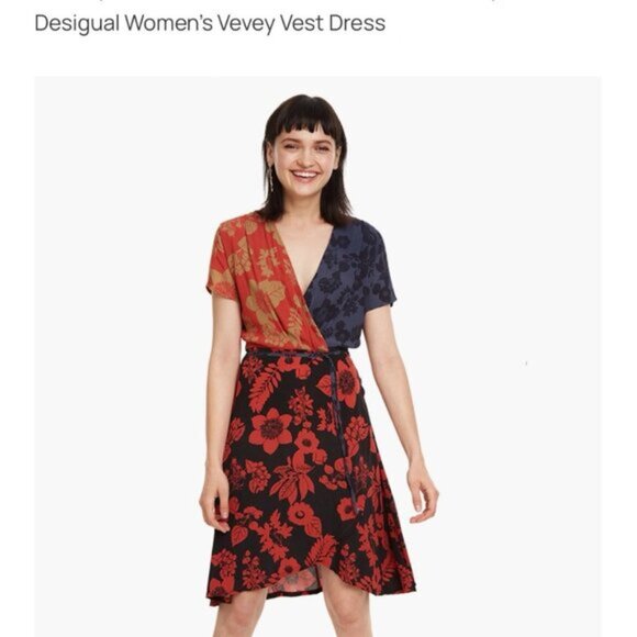 Sz EU40- Desigual Vevey Short Sleeve Abstract Floral Multicolor Midi Wrap Dress - Picture 16 of 16